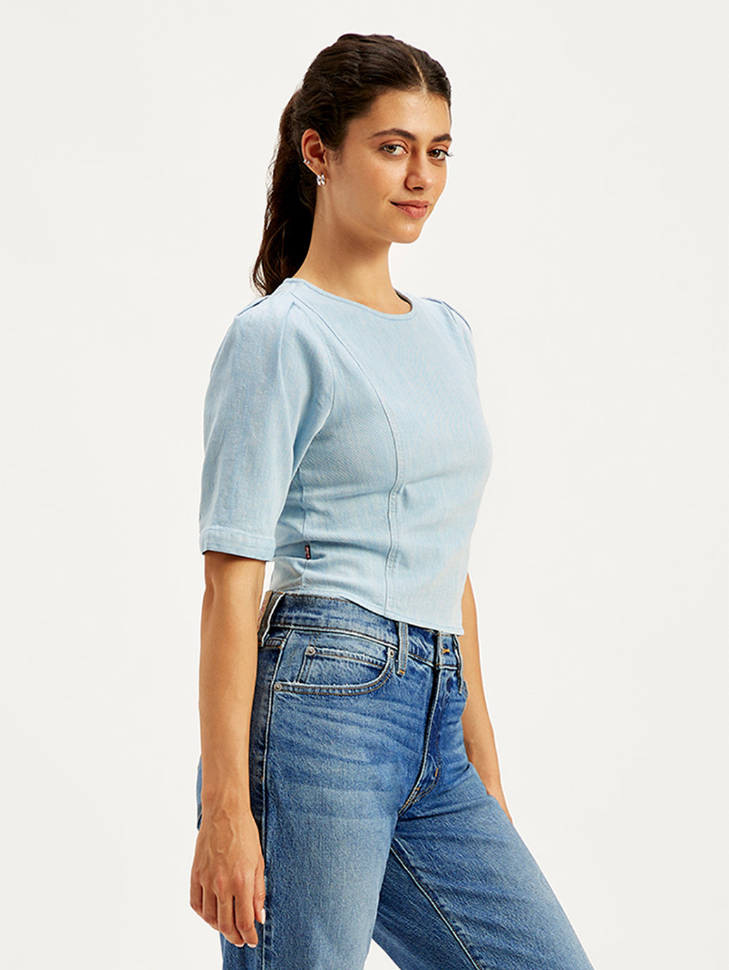 Women's Solid Light-Blue Round Neck Top