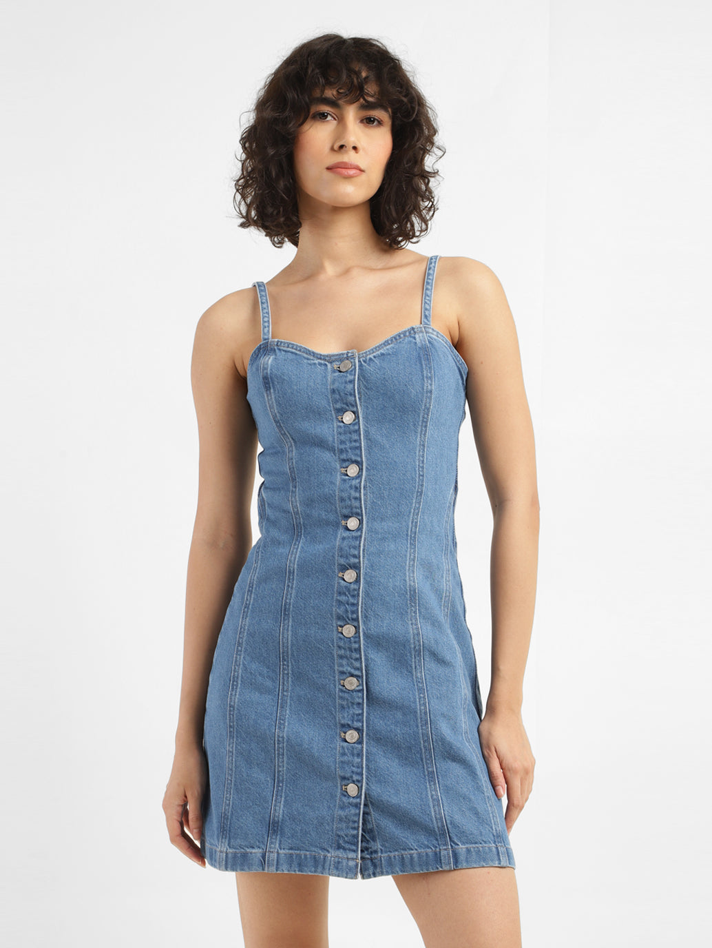 Women's Sweetheart Neck Denim Mini Dress - Main Image