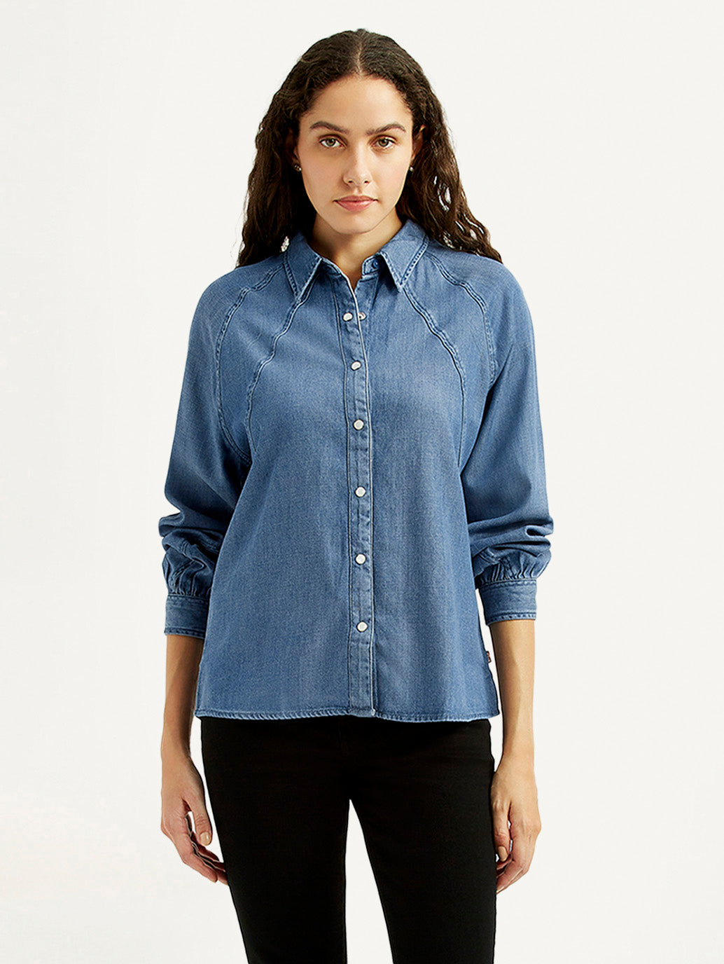 Women's Solid Blue Spread Collar Denim Shirt