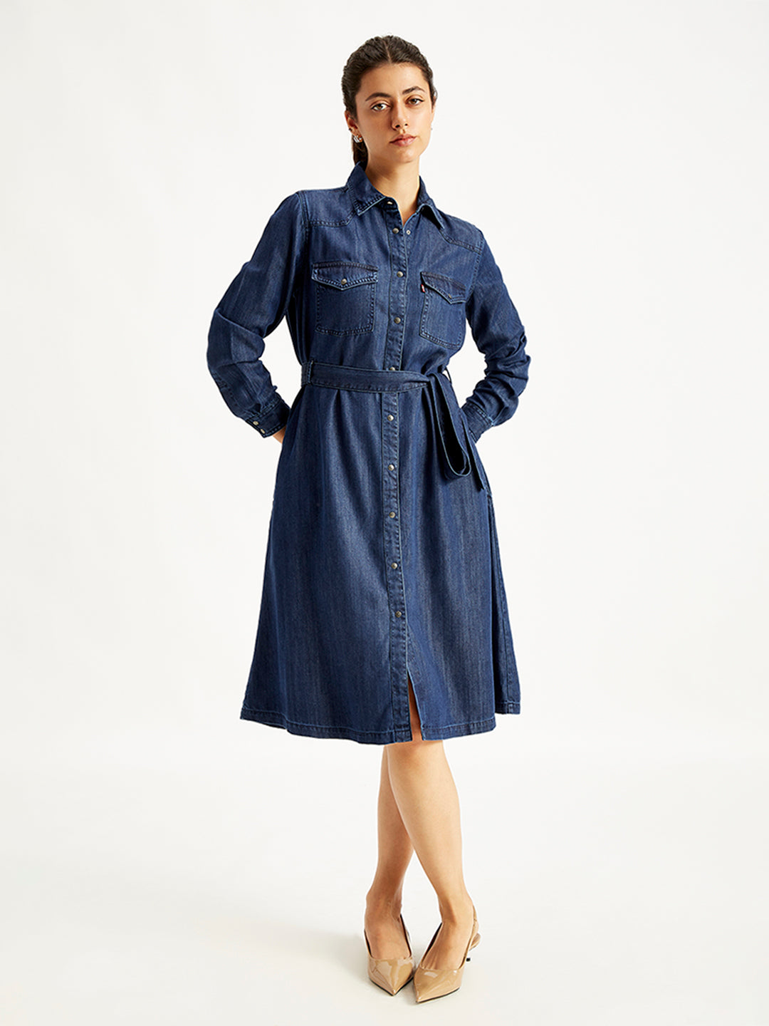 Women's Solid Indigo Spread Collar Shirt Denim Dress