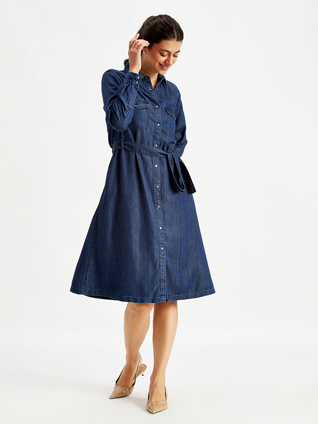 Women's Solid Indigo Spread Collar Shirt Dress