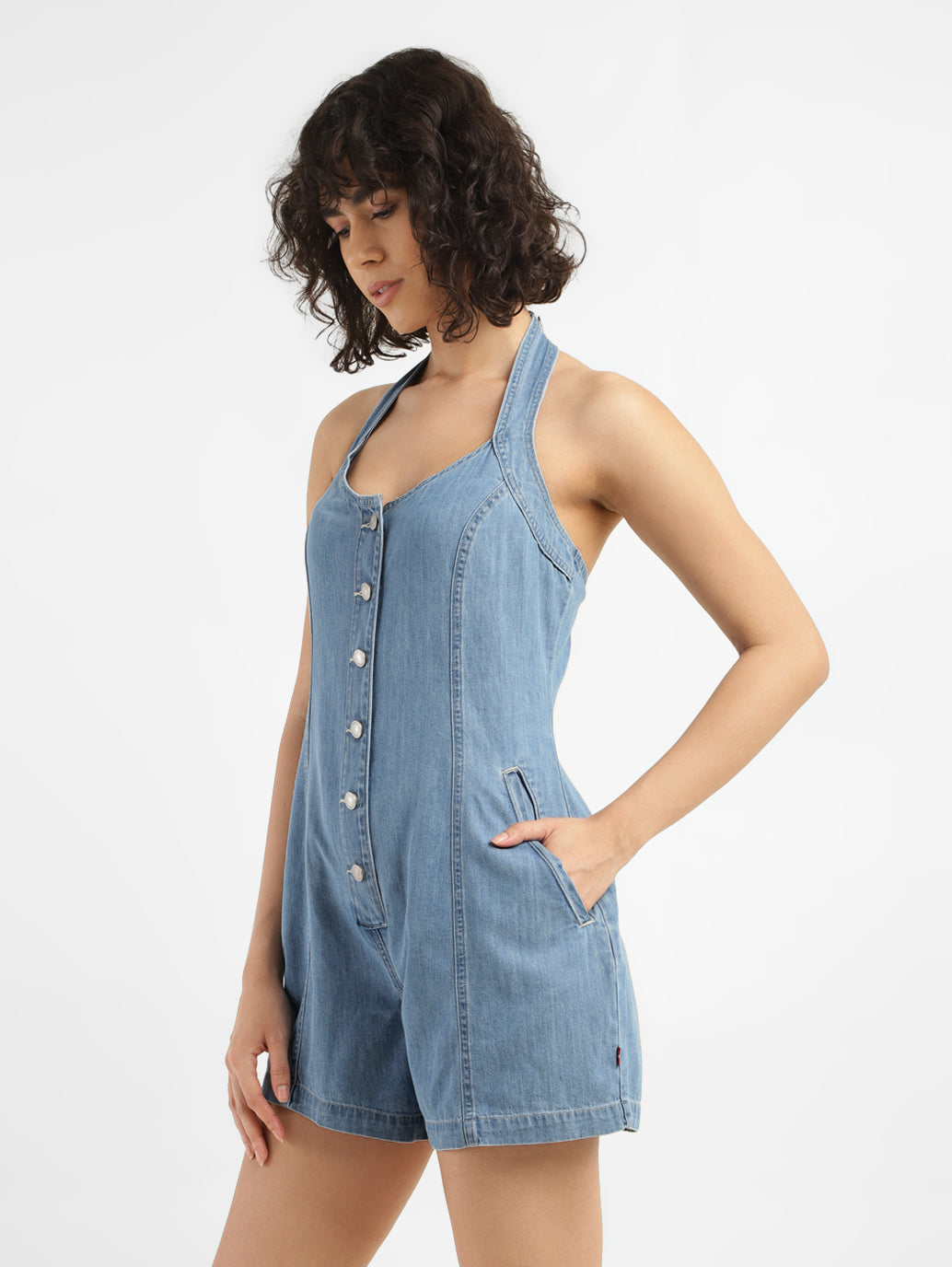 Women's Solid Blue Romper Denim Dress