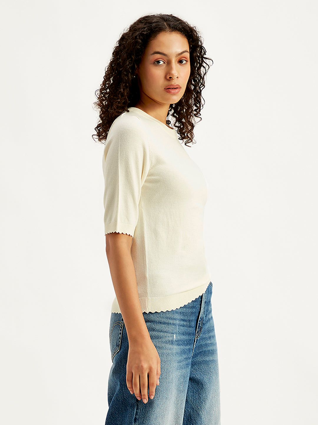 Women's Solid White Crew Neck Sweater