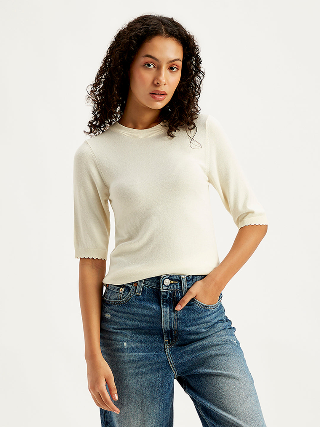 Women's Solid White Crew Neck Sweater