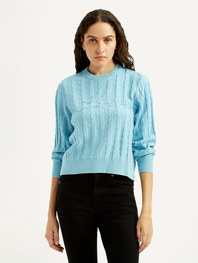 Women's Jacquard Blue Crew Neck Sweater