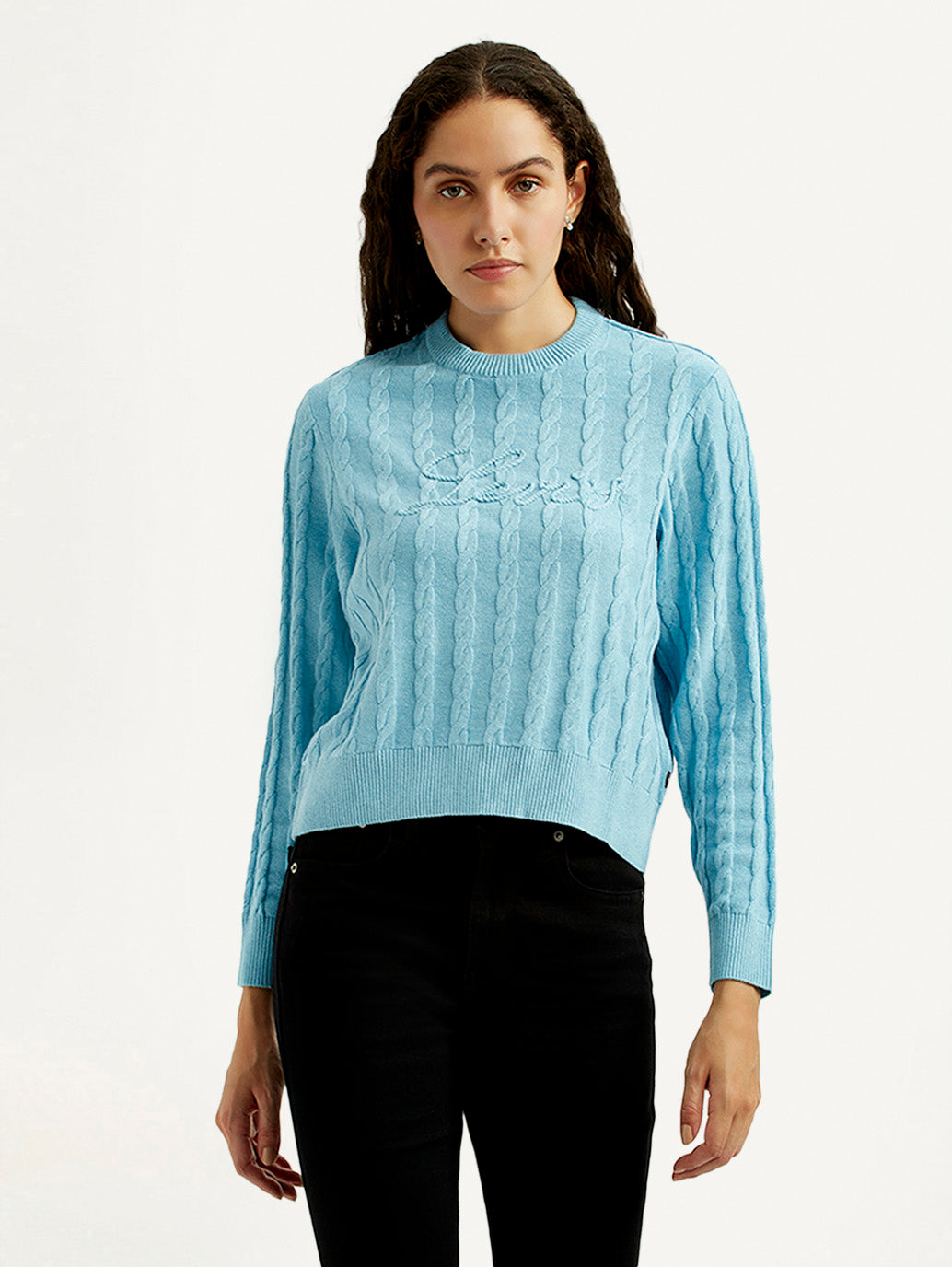 Women's Jacquard Blue Crew Neck Sweater - Front View
