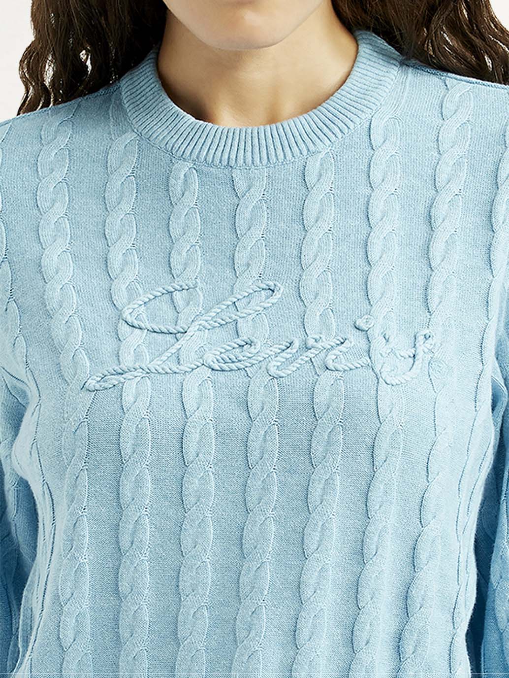 Women's Jacquard Blue Crew Neck Sweater - Detail View