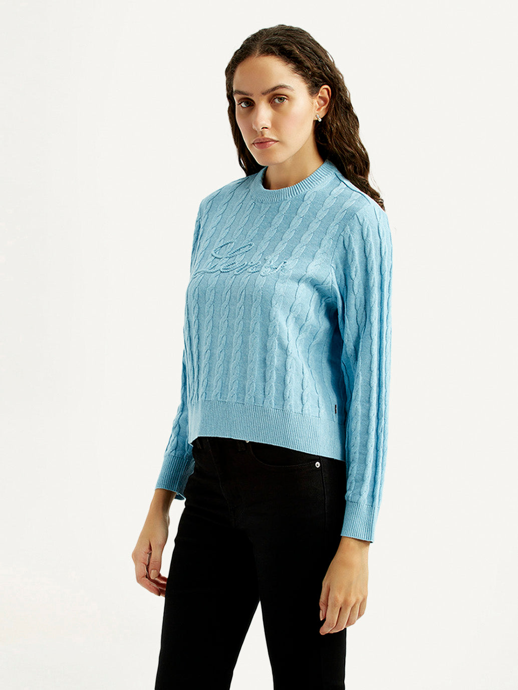 Women's Jacquard Blue Crew Neck Sweater - Side View