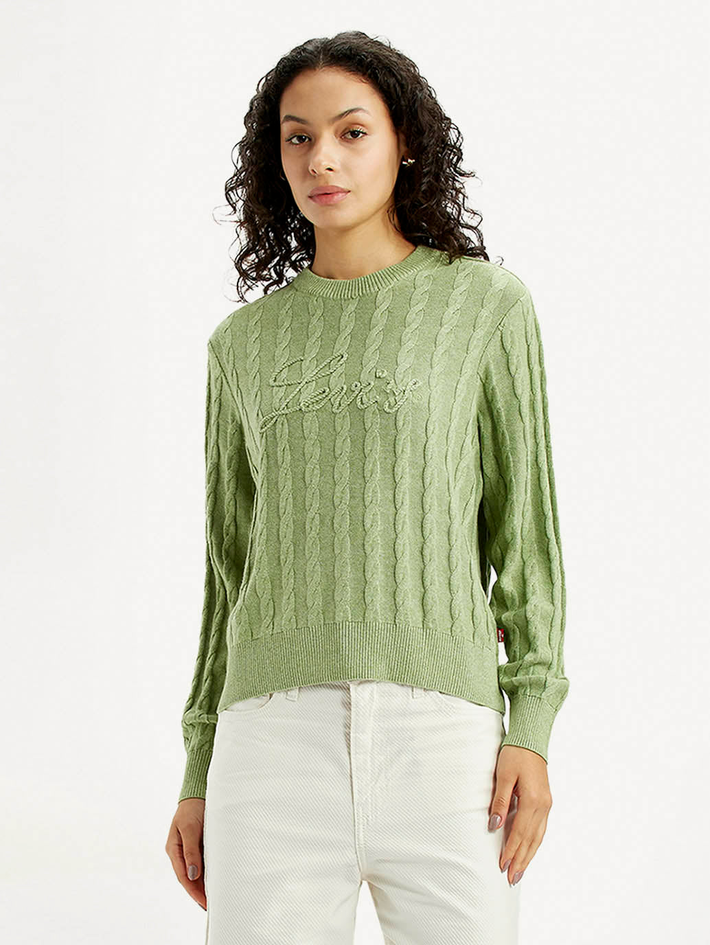 Women's Brand Logo Light Green Crew Neck Sweater - Front View