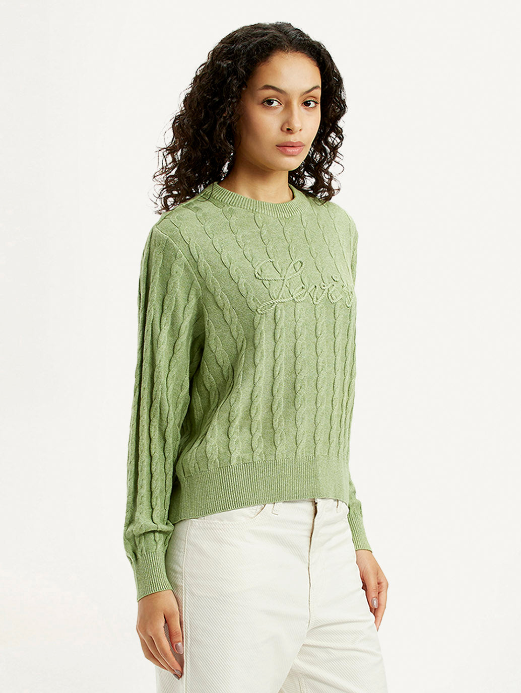 Women's Brand Logo Light Green Crew Neck Sweater - Side View