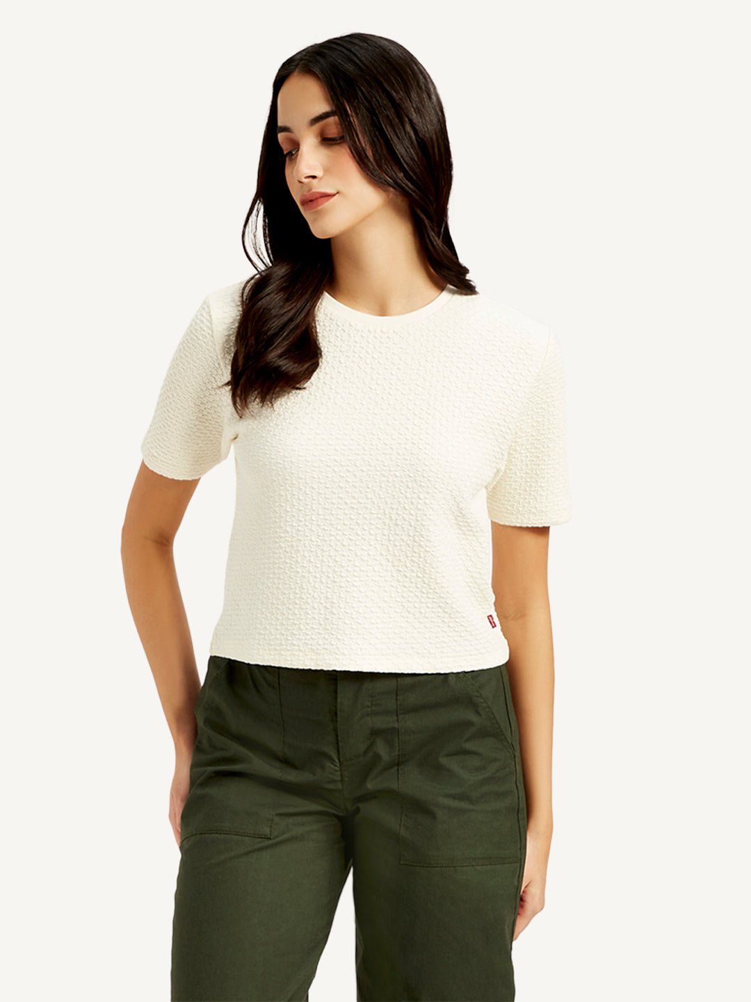 Women's Textured White Crew Neck Top
