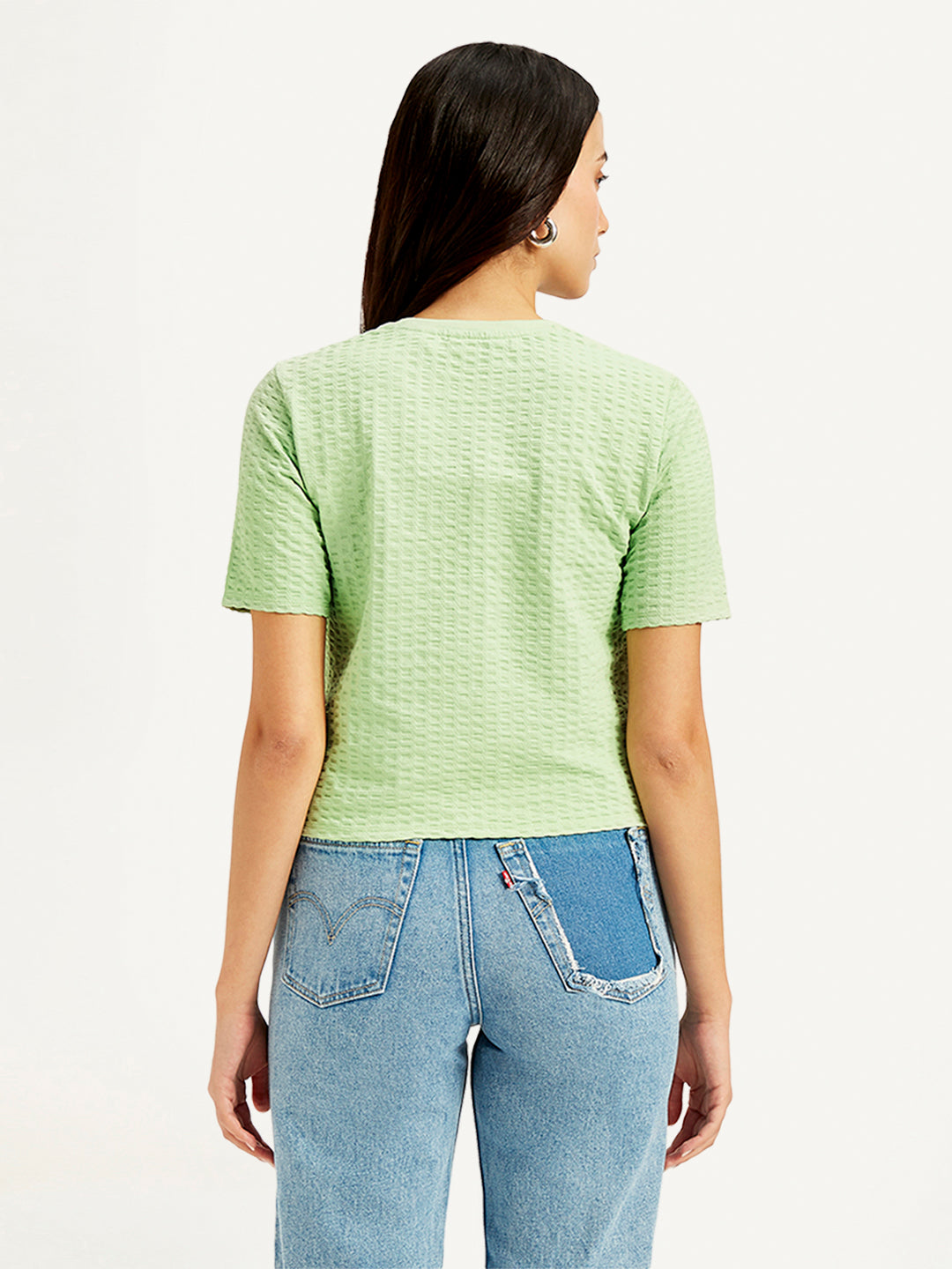 Women's Textured Light-Green Crew Neck Top - Back View