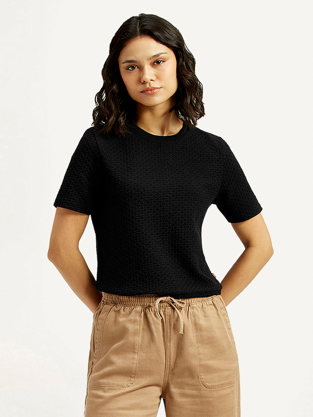 Women's Textured Black Crew Neck Top