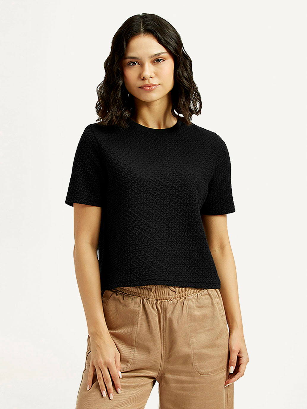 Women's Textured Black Crew Neck Top - Front View