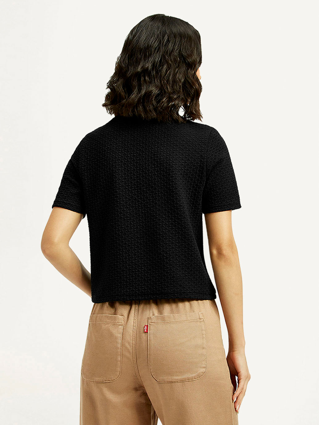 Women's Textured Black Crew Neck Top - Back View