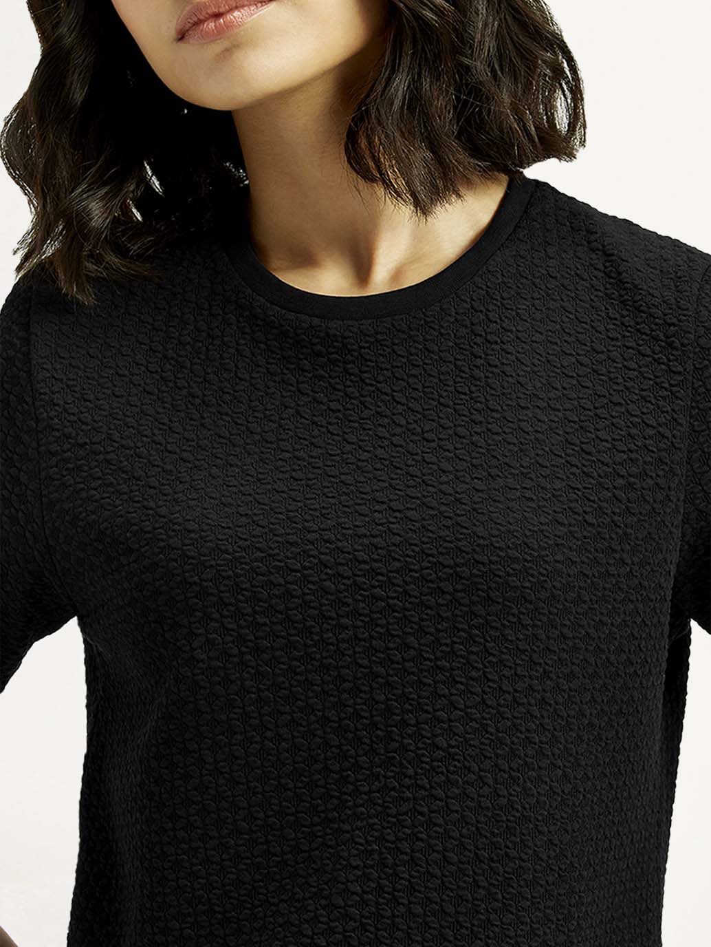 Women's Textured Black Crew Neck Top - Detail View