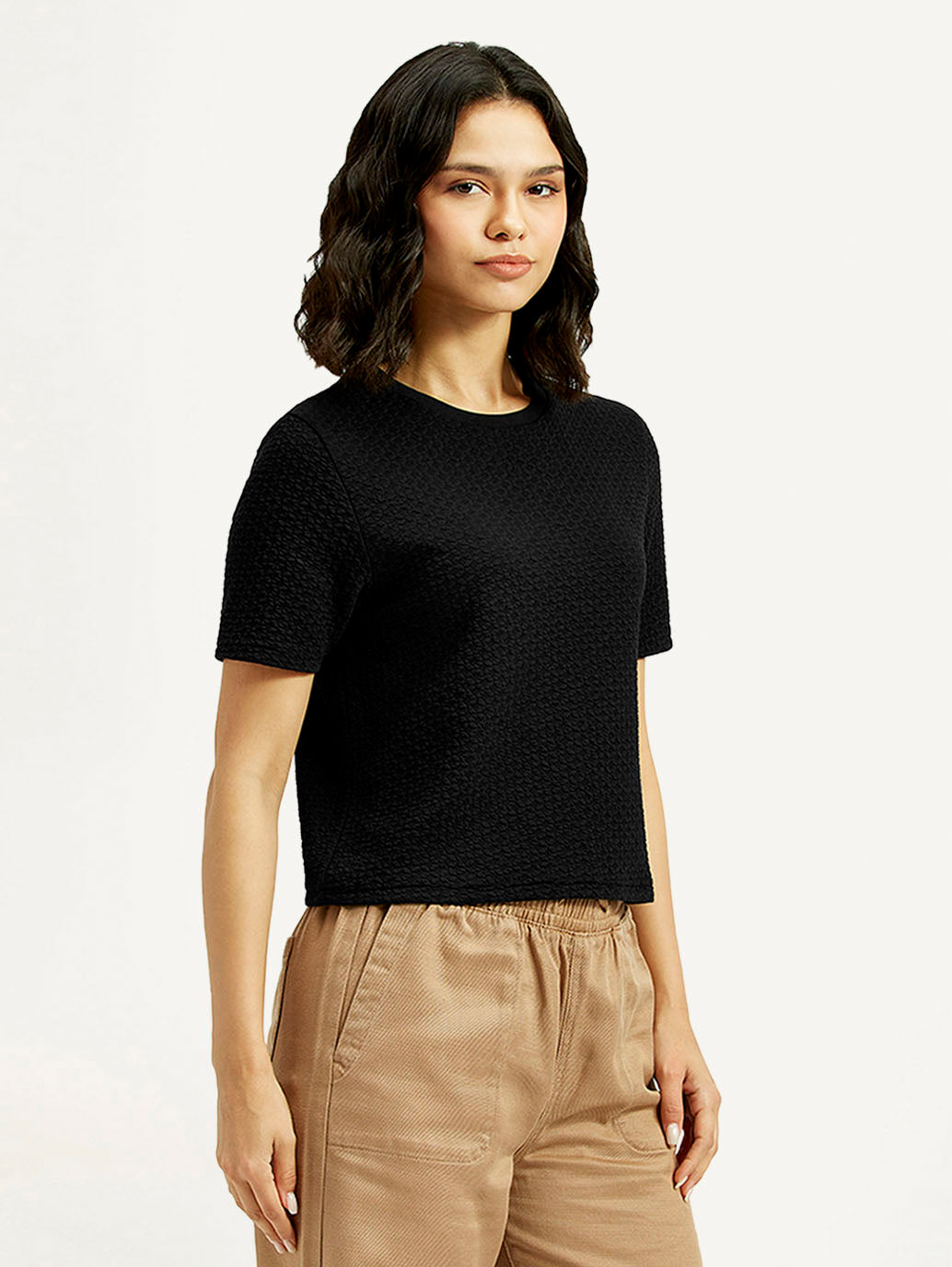 Women's Textured Black Crew Neck Top - Side View