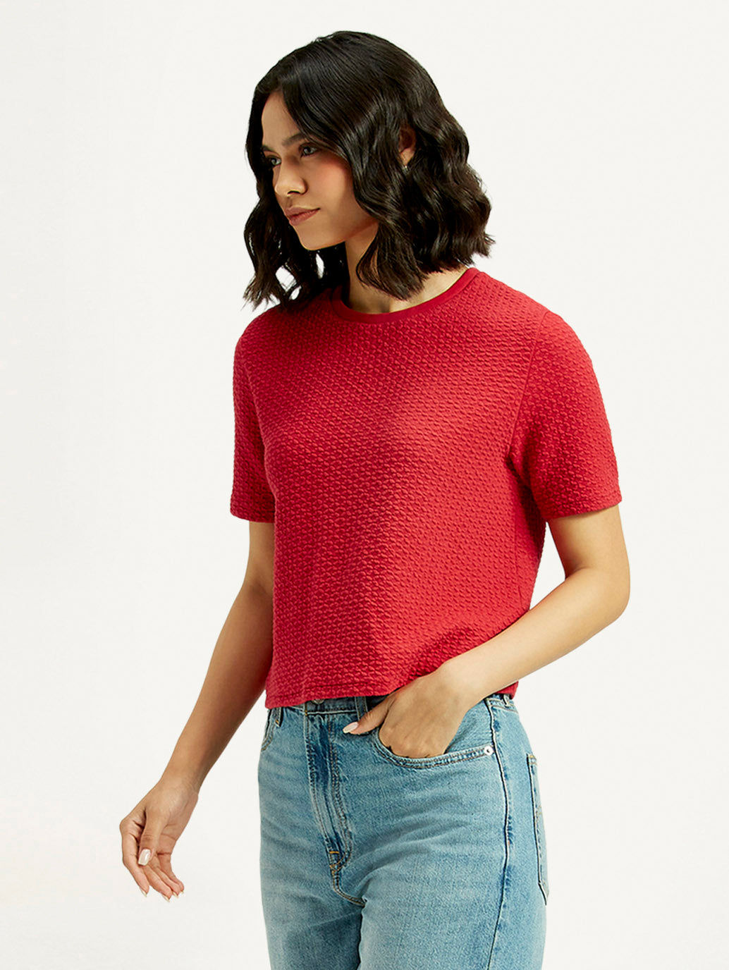 Women's Textured Red Crew Neck Top - Styleshot View