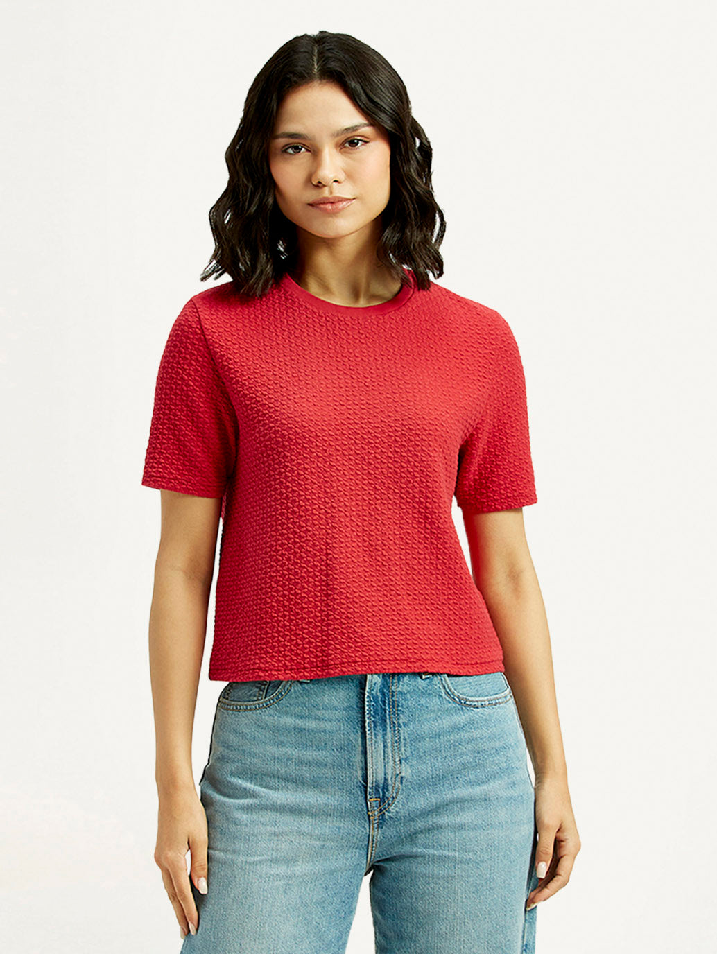 Women's Textured Red Crew Neck Top