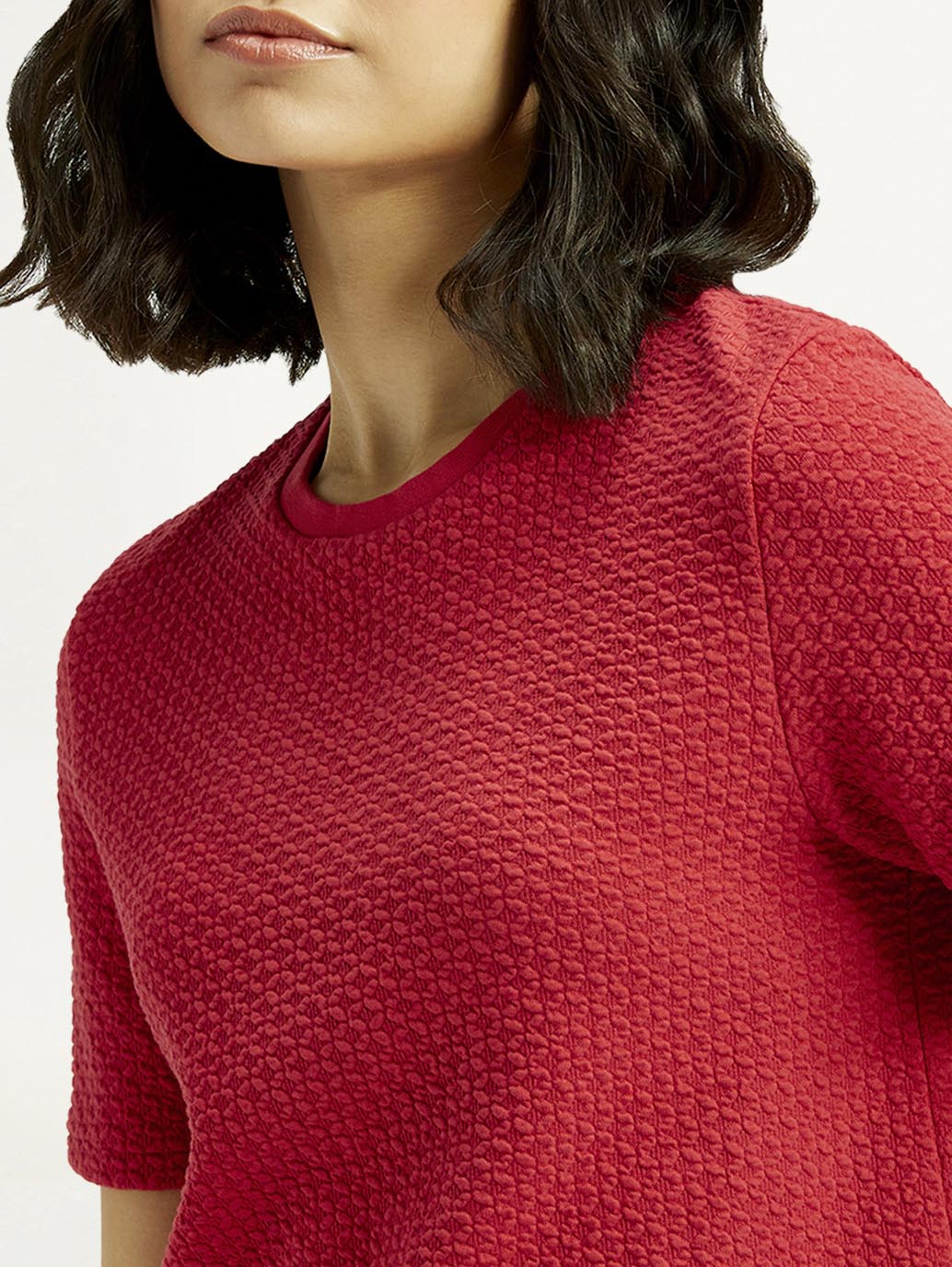 Women's Textured Red Crew Neck Top - Detail View