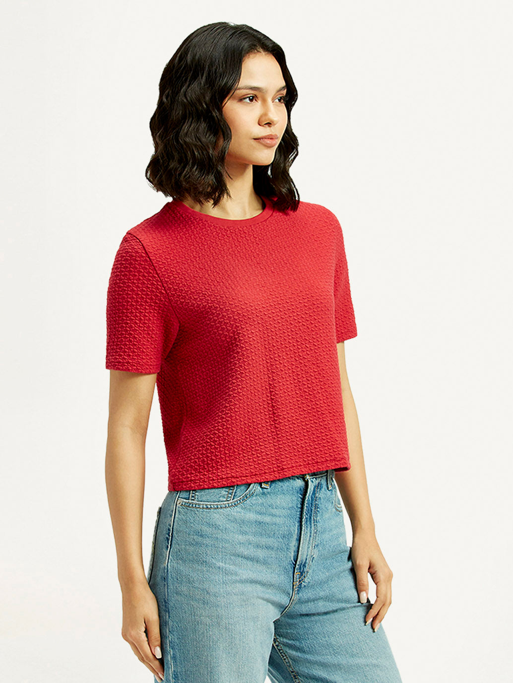 Women's Textured Red Crew Neck Top - Side View