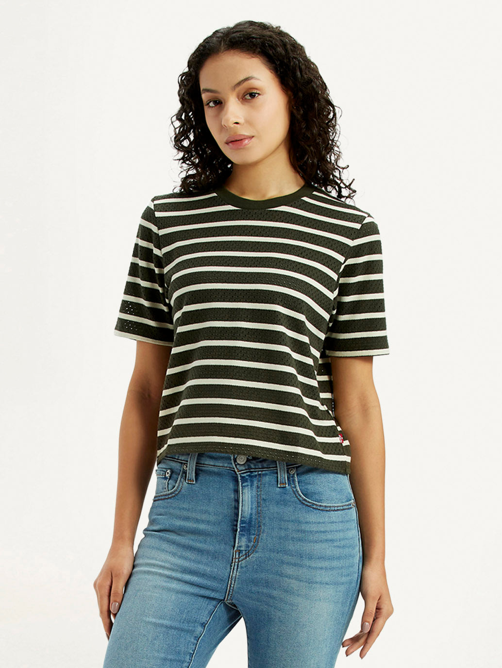 Women's Striped Olive Crew Neck T-shirt - Styleshot View