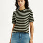 Women's Striped Olive Crew Neck T-shirt - Front View