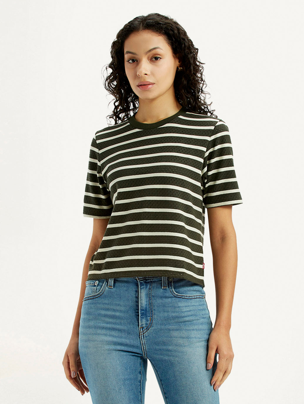 Women's Striped Olive Crew Neck T-shirt - Front View