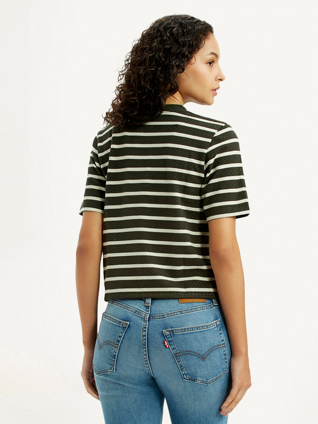 Women's Striped Olive Crew Neck T-shirt - Back View