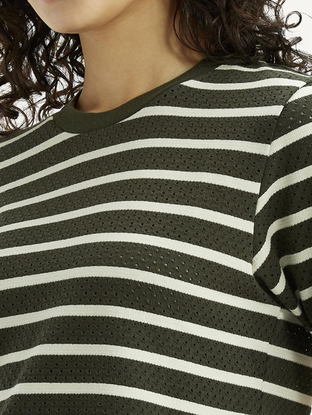 Women's Striped Olive Crew Neck T-shirt - Detail View