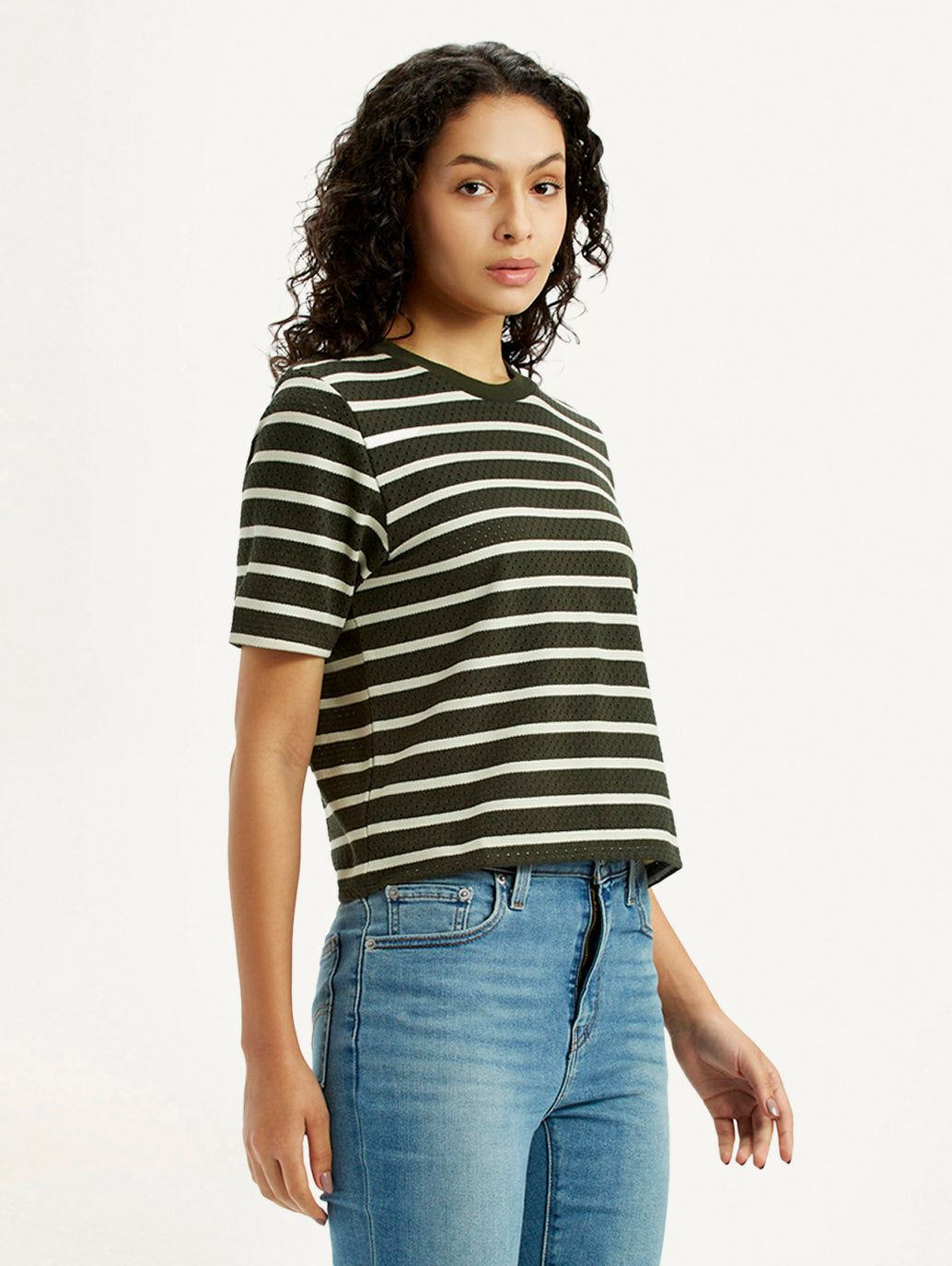 Women's Striped Olive Crew Neck T-shirt - Side View