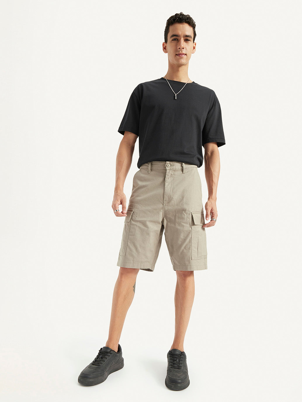 Men's Beige Cargo Fit Shorts - Elevated View