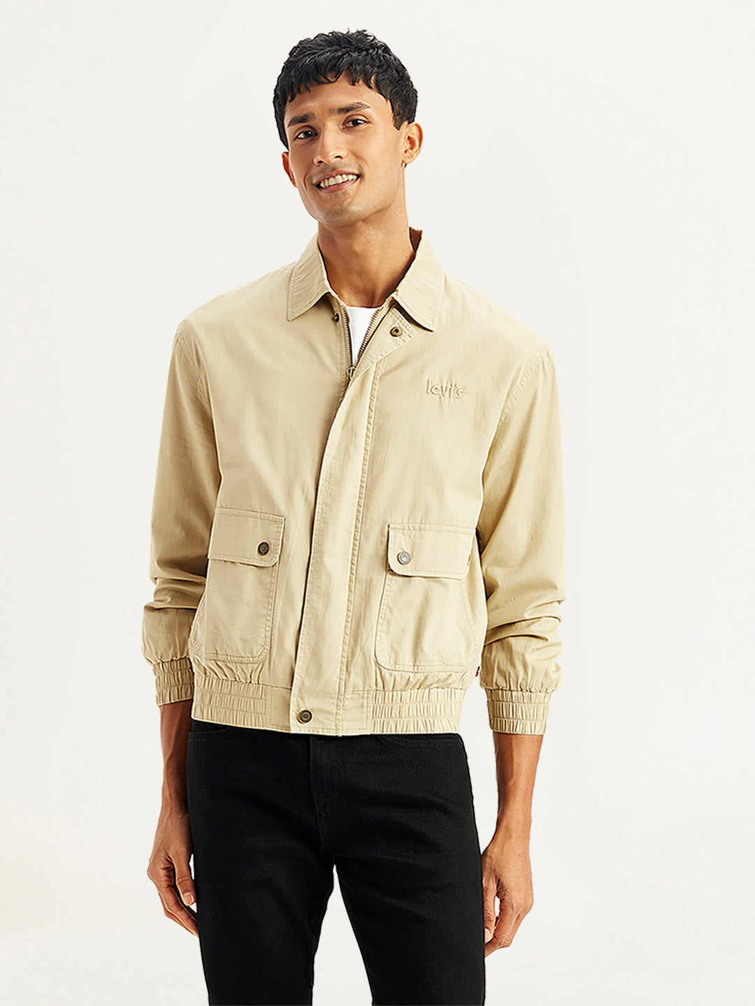 Men's Solid Beige Spread Collar Jacket