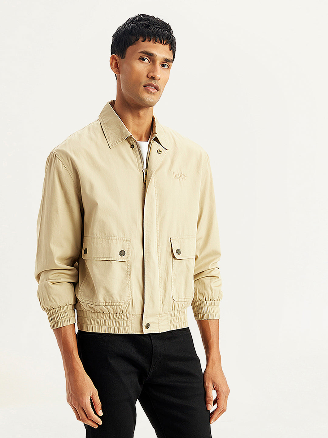 Men's Solid Beige Spread Collar Jacket