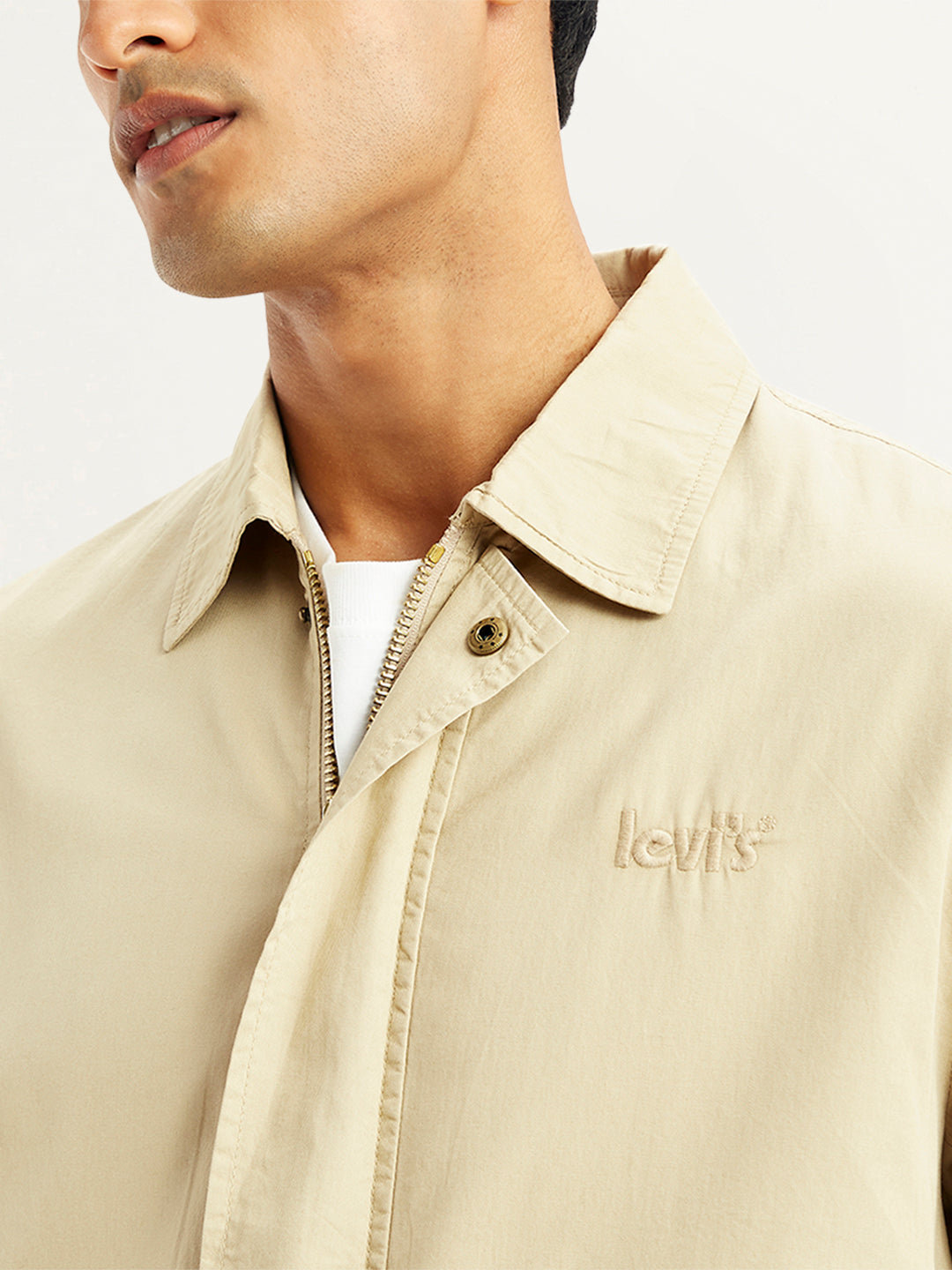 Men's Solid Beige Spread Collar Jacket