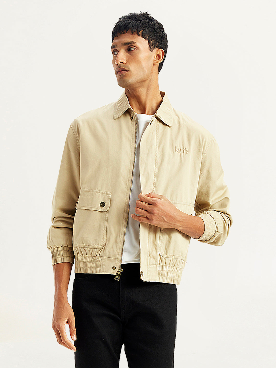 Men's Solid Beige Spread Collar Jacket