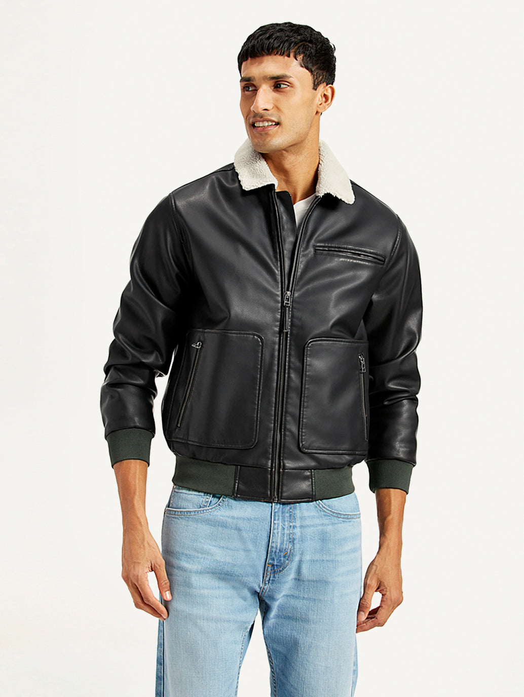 Men's Solid Dark Brown Spread Collar Leather Jacket – Levis India