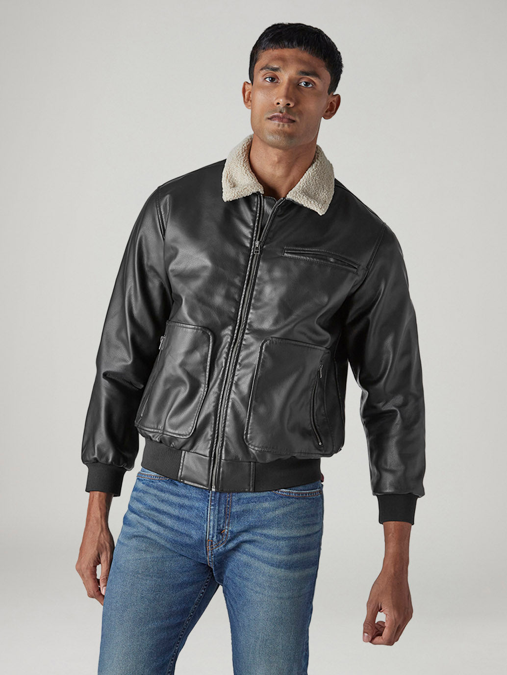Men's Solid Regular Faux Leather Jacket - Front View
