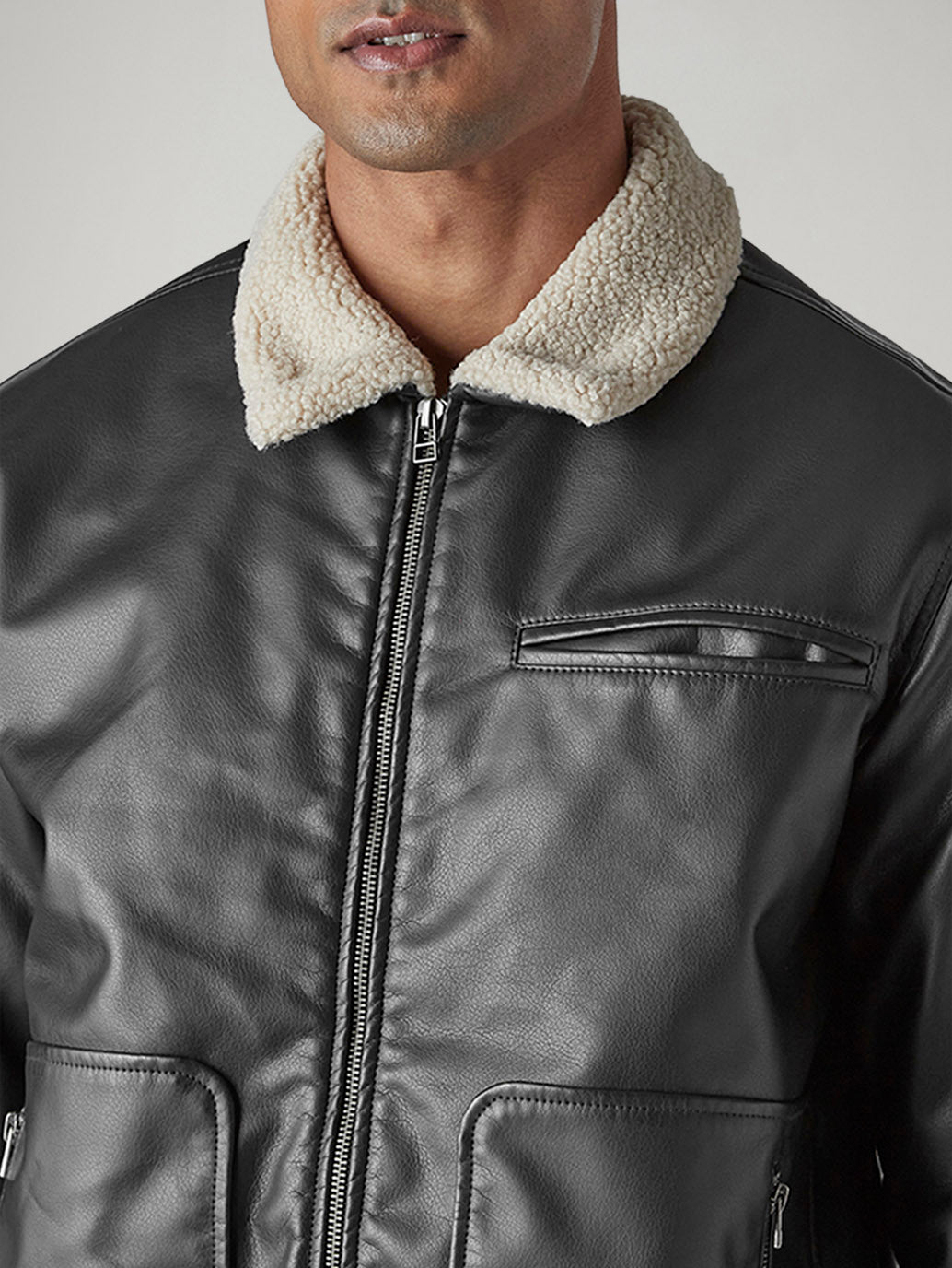 Men's Solid Regular Faux Leather Jacket - detail View