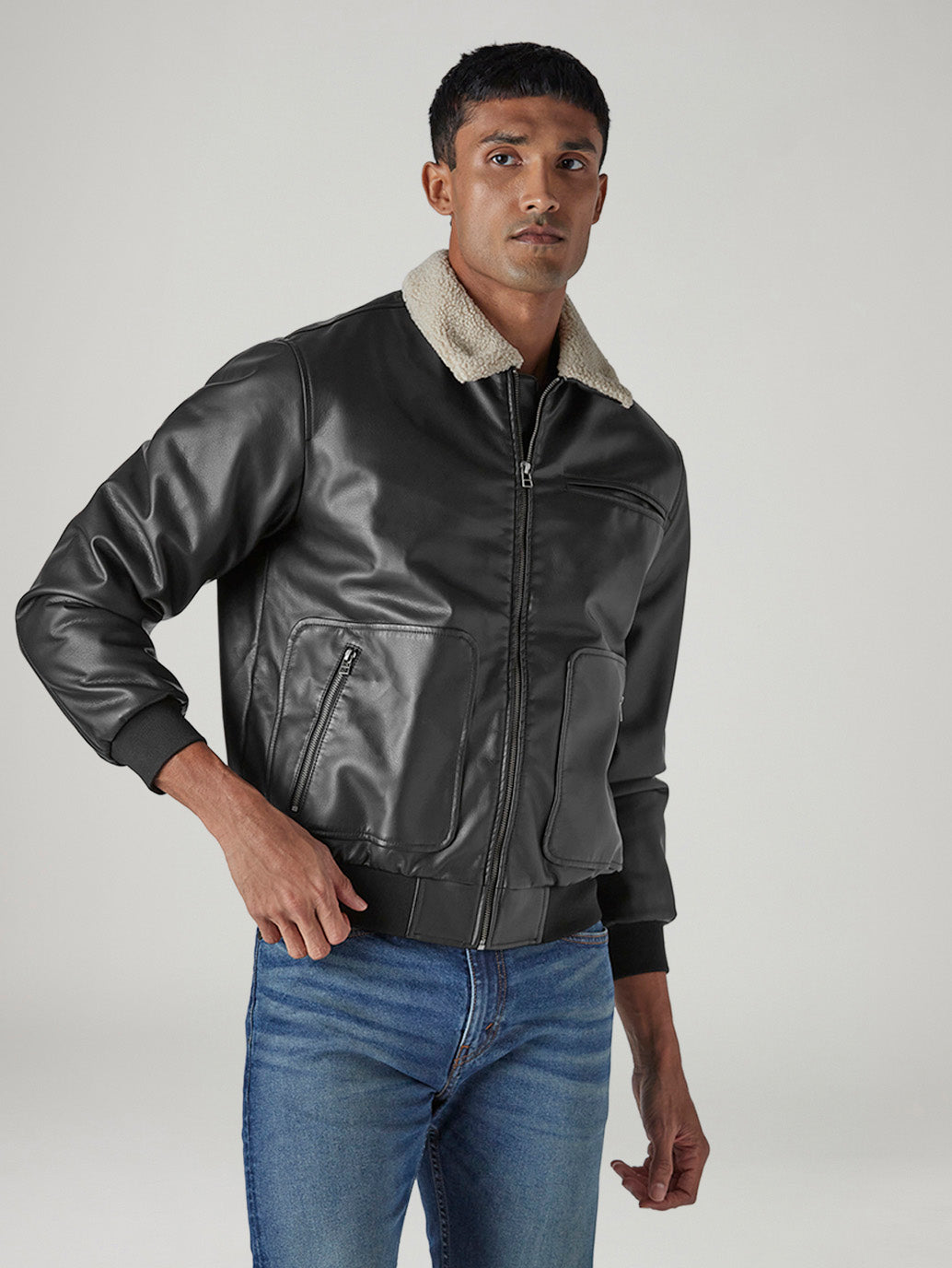 Men's Solid Regular Faux Leather Jacket - Side View