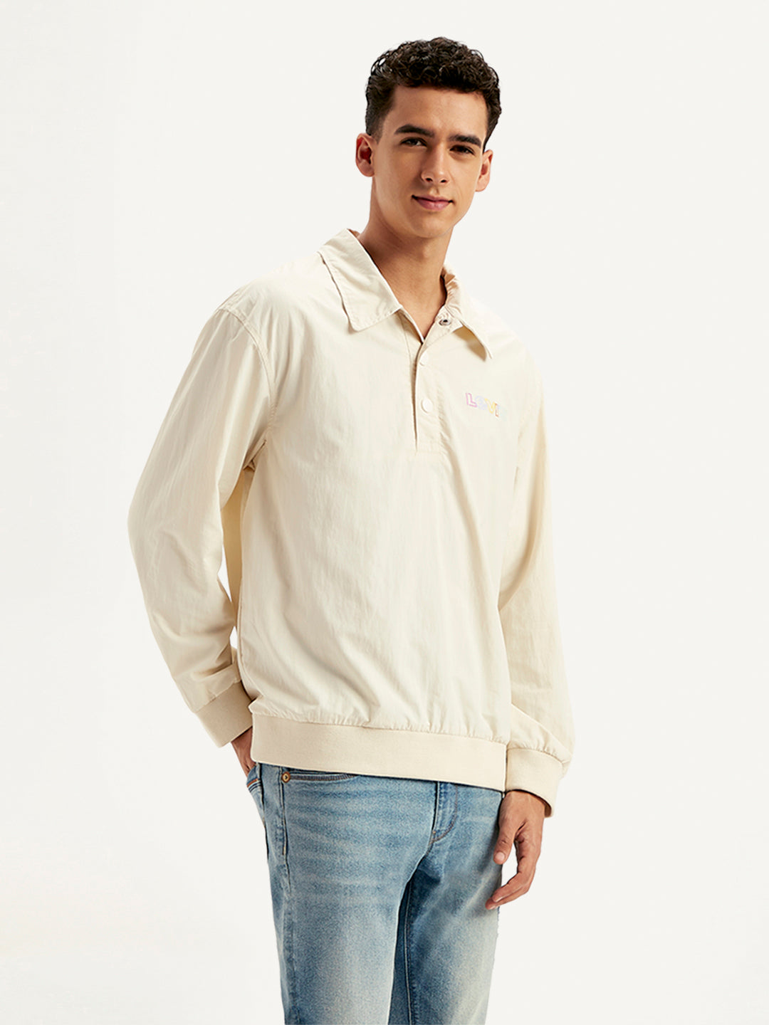 Men's Solid Cream Spread Collar Jacket