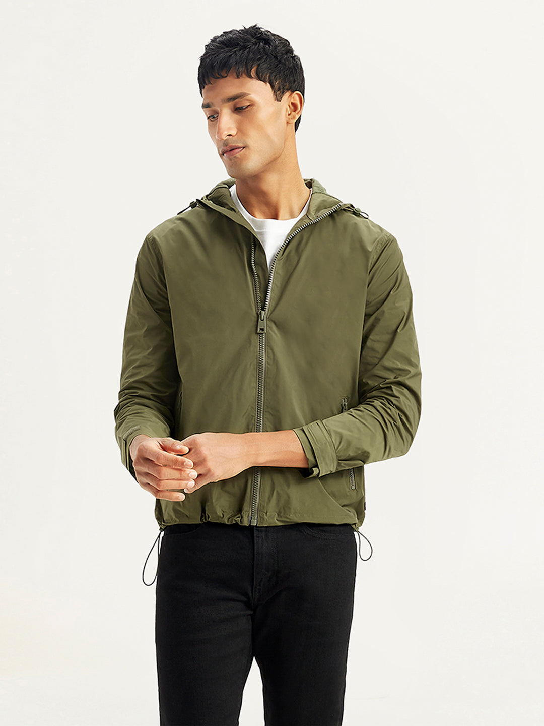 Men's Solid Olive Hooded Tailored Jacket