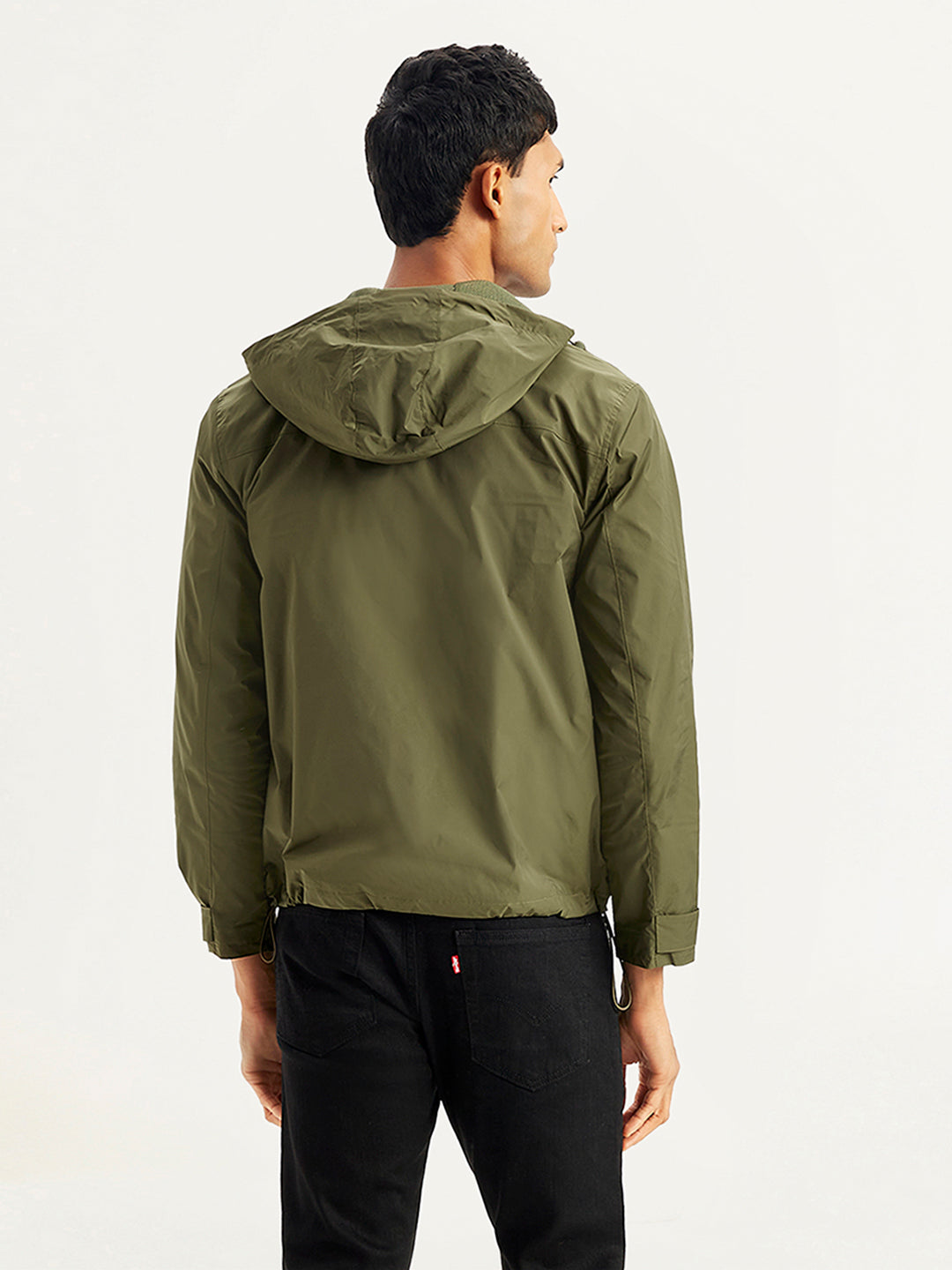 Men's Solid Olive Hooded Jacket