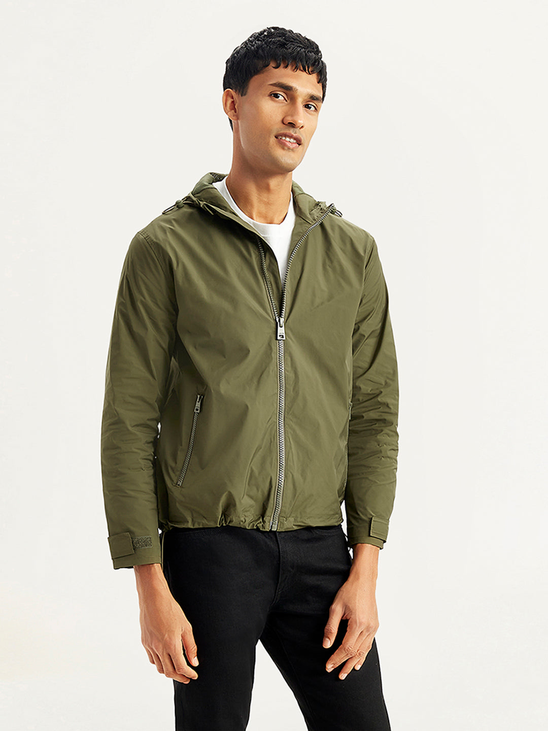 Men's Solid Olive Hooded Jacket