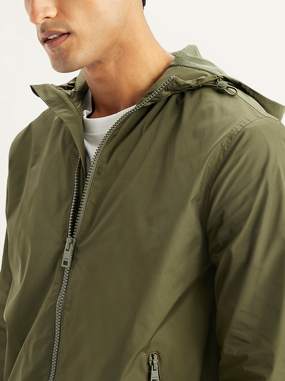 Men's Solid Olive Hooded Jacket