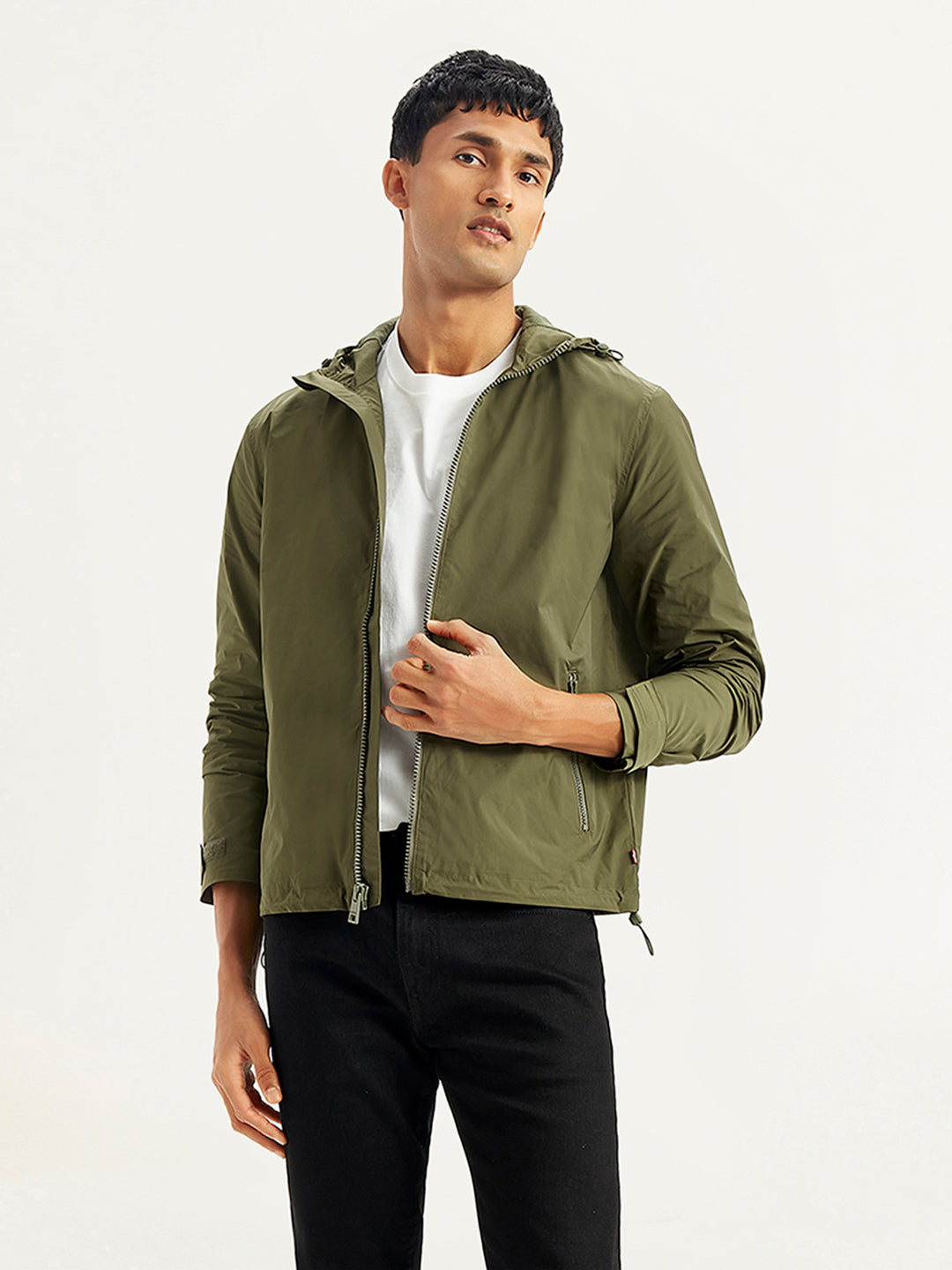 Men's Solid Olive Hooded Jacket