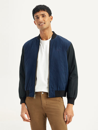 Men's Colorblock Navy Bomber Jacket-image-7