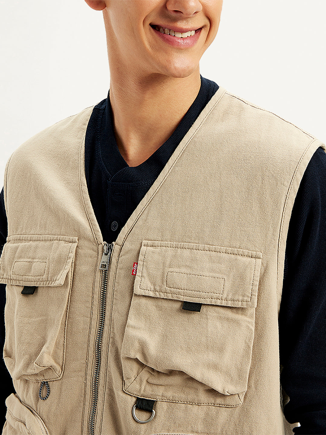 Men's Solid Beige V Neck Jacket