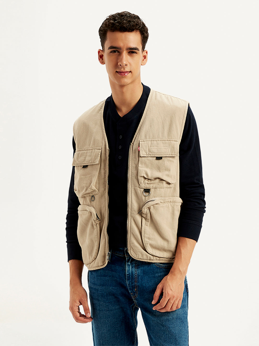 Men's Solid Beige V Neck Jacket