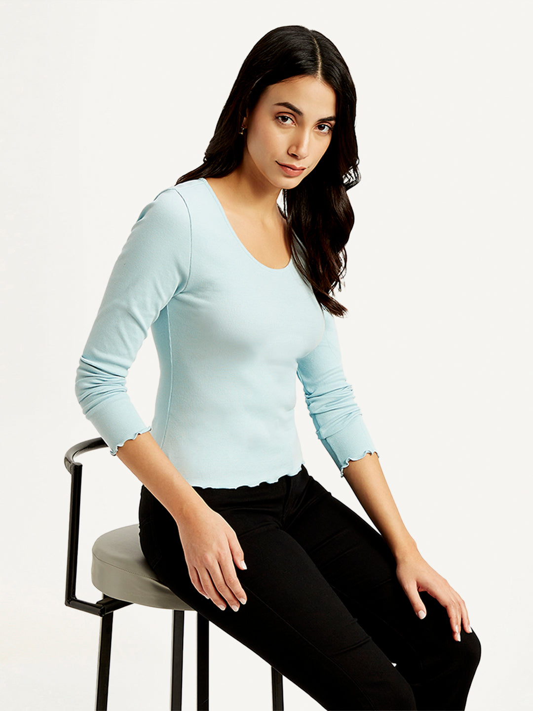 Women's Solid Light Blue Scoop Neck Top
